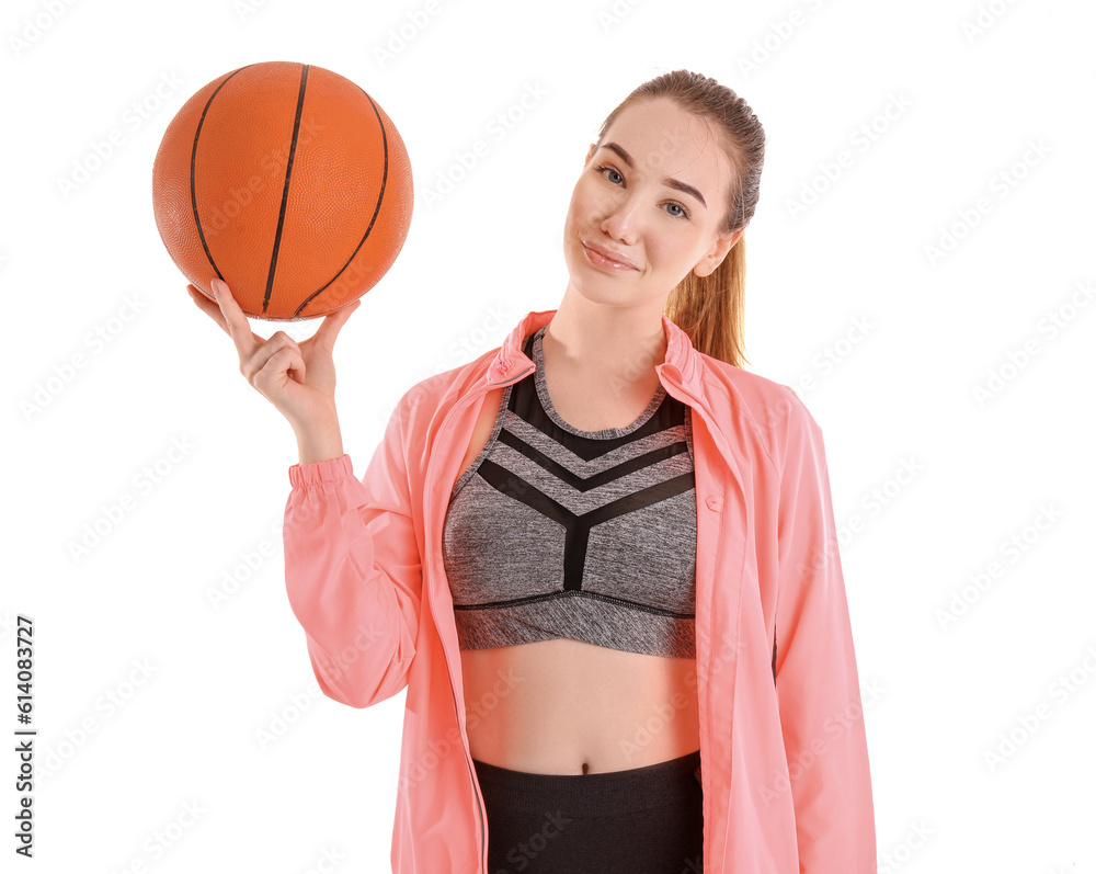 Sporty young woman with ball on white background. Balance concept