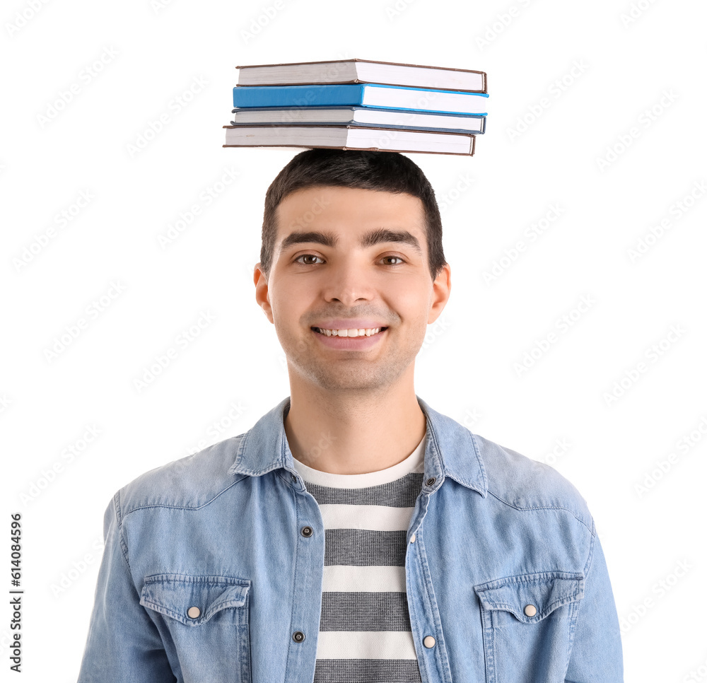 Young man with books on white background. Balance concept