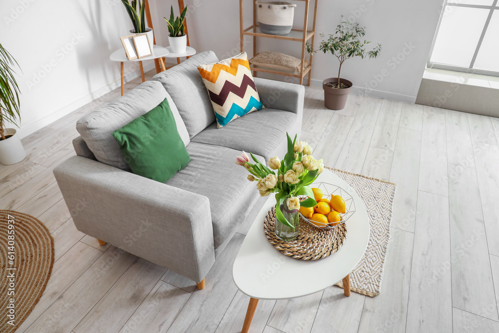 Interior of stylish living room with cozy sofa and coffee table