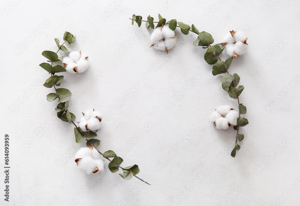 Frame made of cotton flowers and eucalyptus on white background