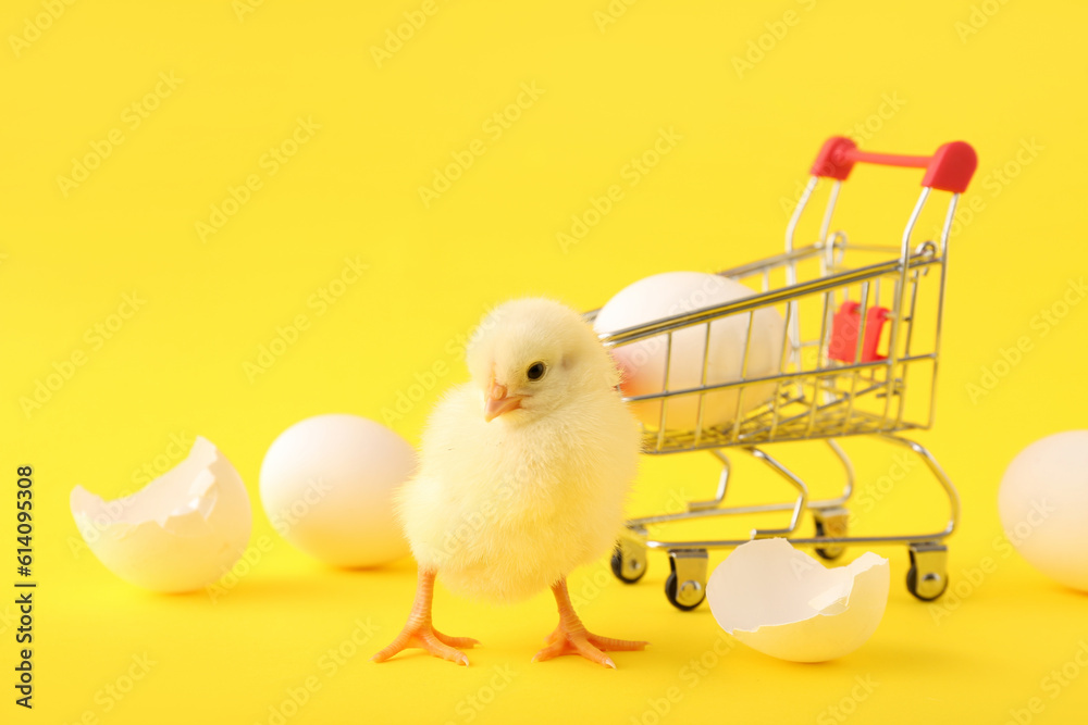 Shopping cart with cute little chick and eggs on yellow background