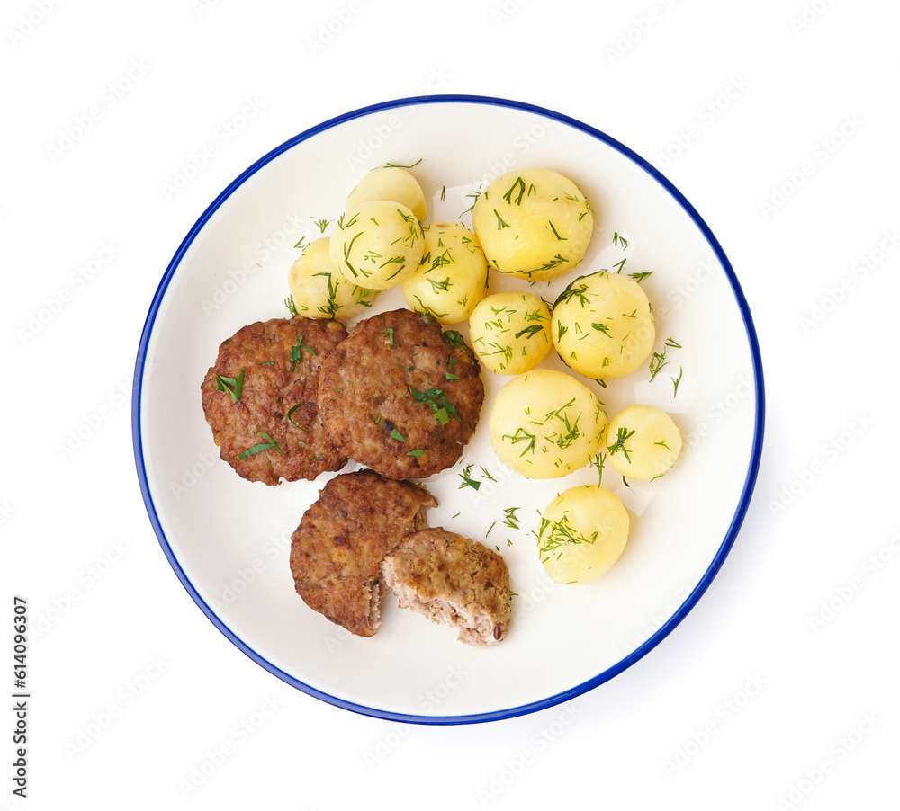 Bowl with cutlets, boiled baby potatoes and dill on white background