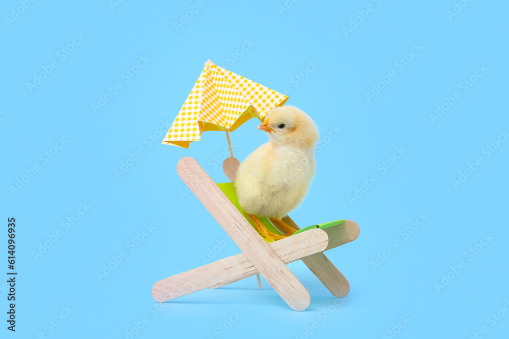 Deckchair with cute little chick and umbrella on blue background