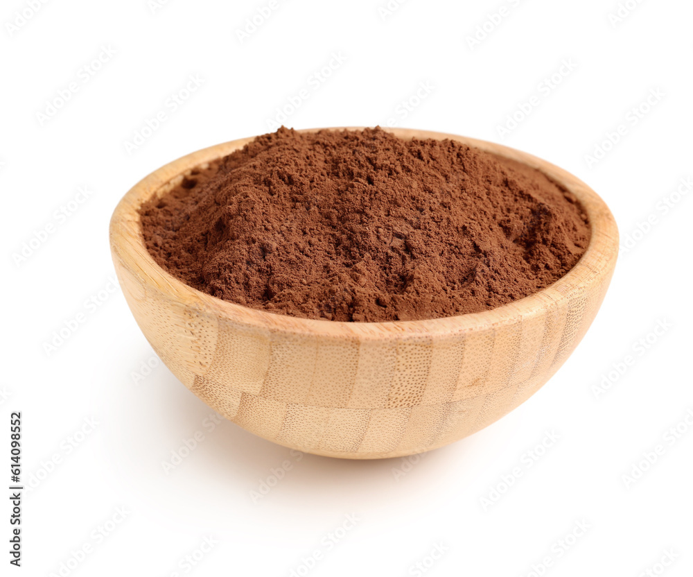 Wooden bowl with cacao powder on white background