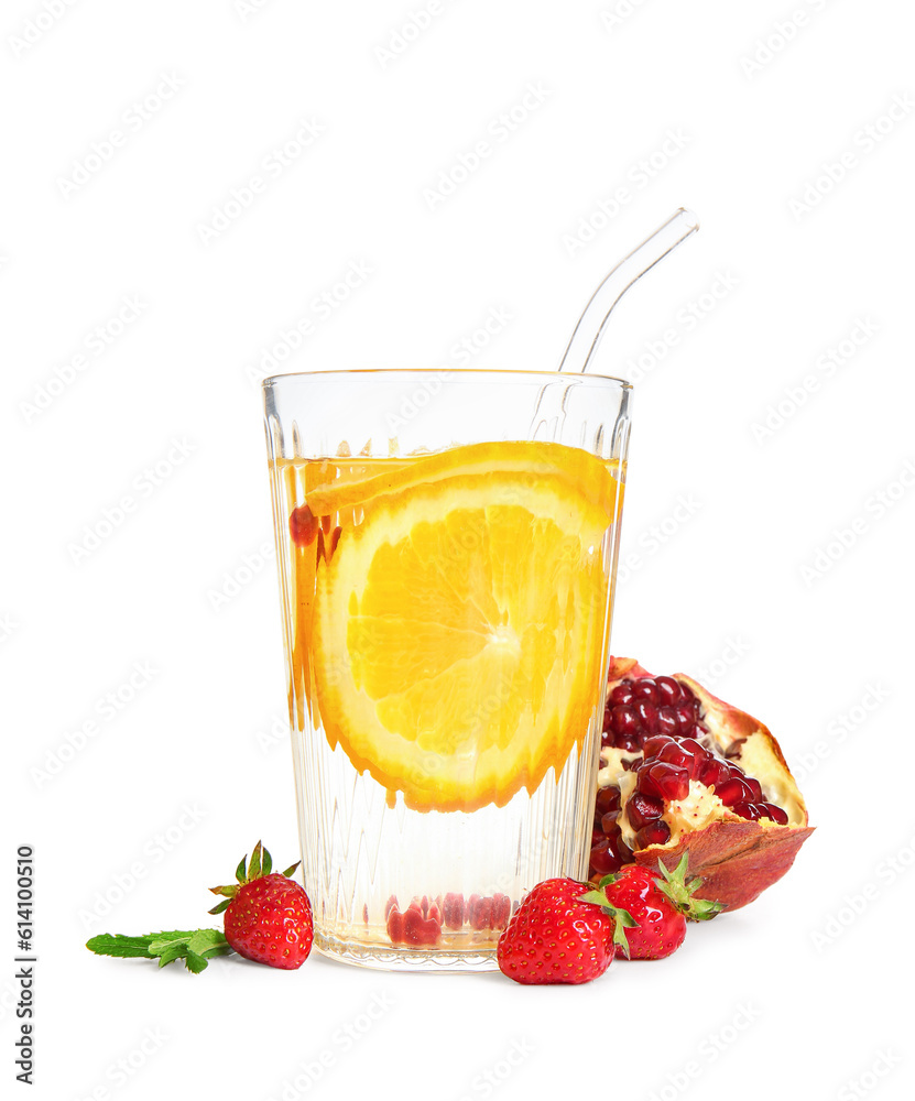 Glass of infused water with orange slices on white background