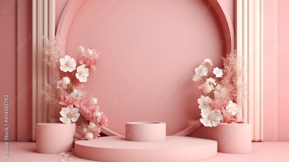 Podium with pink roses on pastel pink background to display products, gift or cosmetics. Generative 