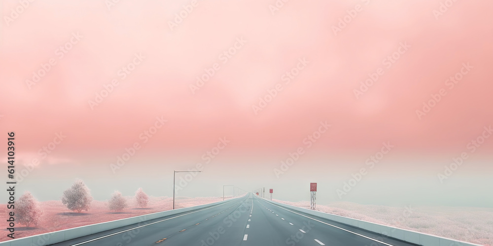 Minimalistic misty empty highway. Foggy road. Mystery travel concept. Generative AI