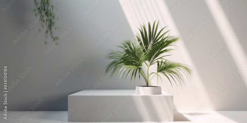 White product display podium with nature palm leaves. Generative AI