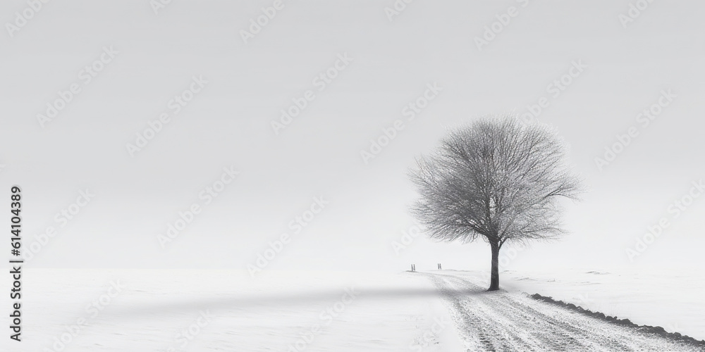 Minimalistic empty highway in winter. Road surrounded snow. Travel concept. Generative AI