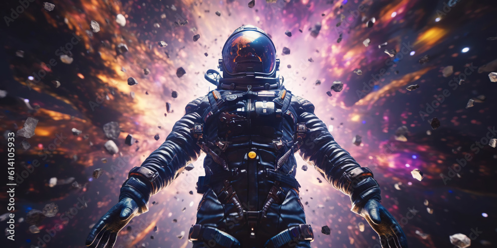 Portrait of astronaut floating in space with a asteroids, space rocks, burning sparks on backdrop. G