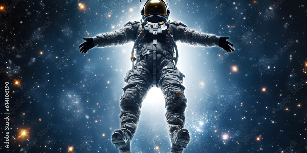 Portrait of astronaut floating in space with stars, planets. Front view on spacesuit technology. Gen