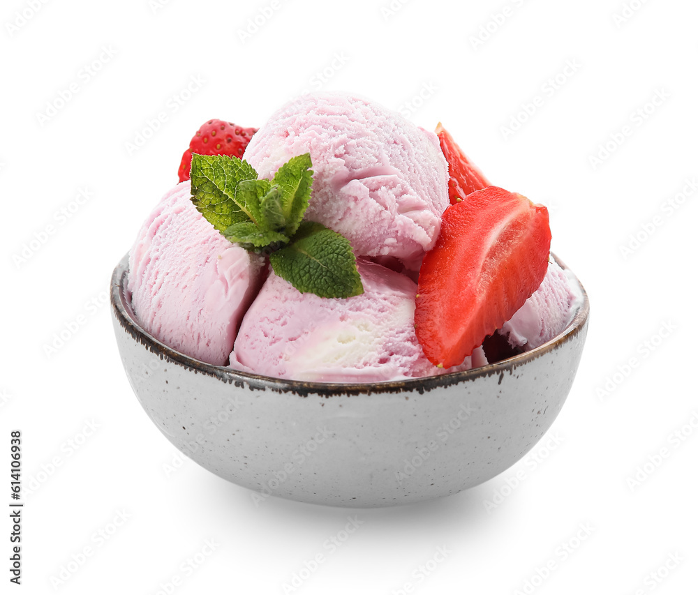 Bowl of delicious ice cream scoops with fresh strawberries and mint isolated on white background