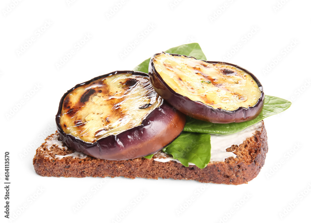 Toast with delicious grilled eggplants on white background