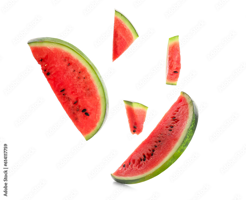 Pieces of fresh watermelon on white background