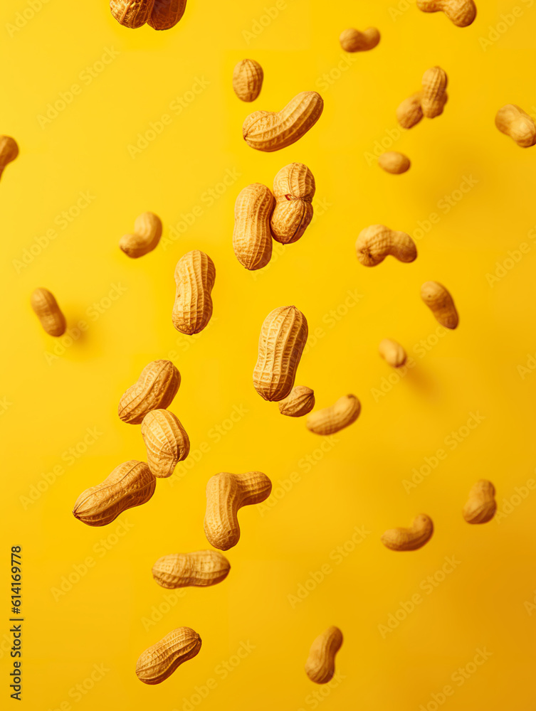 Realistic freeze motion of flying peanuts on yellow background. Levitation of raw peanuts. several b