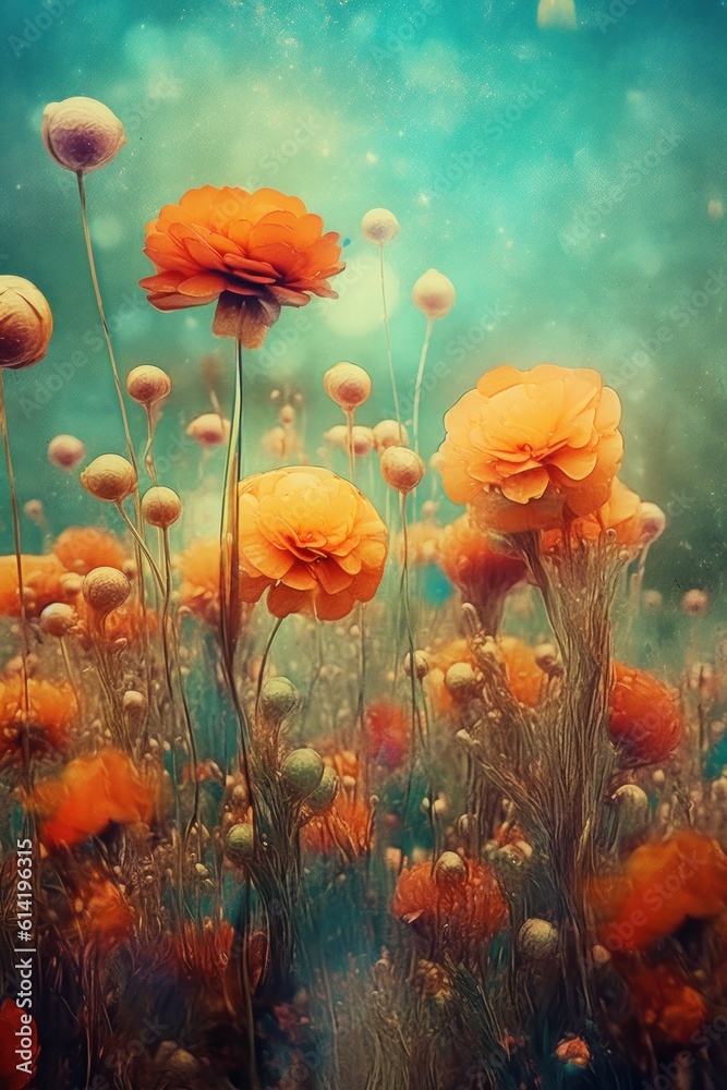 Painted colorful flowers background. Illustration AI Generative.