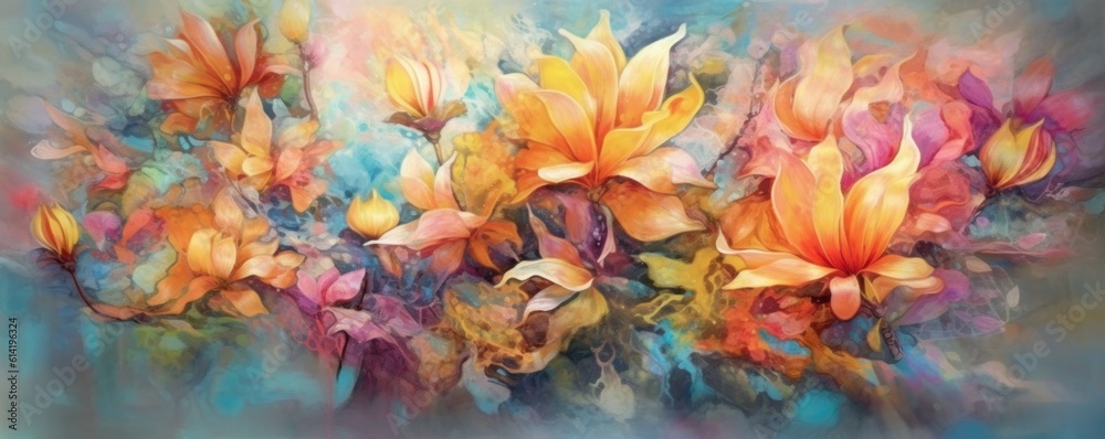 Painted colorful flowers background. Illustration AI Generative.