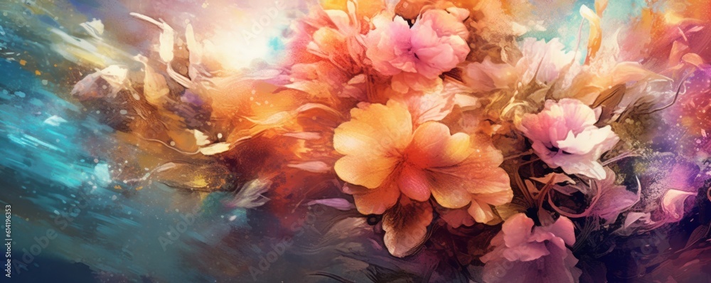 Painted colorful flowers background. Illustration AI Generative.