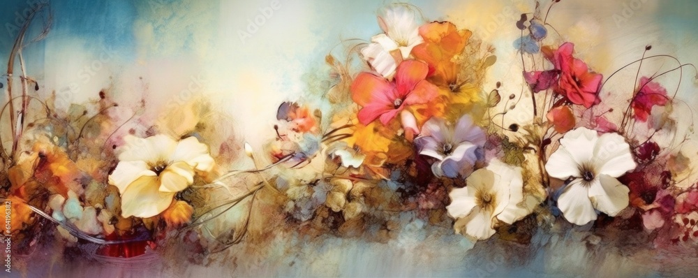 Painted colorful flowers background. Illustration AI Generative.