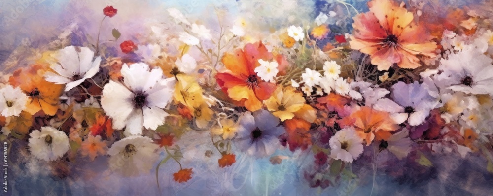 Painted colorful flowers background. Illustration AI Generative.