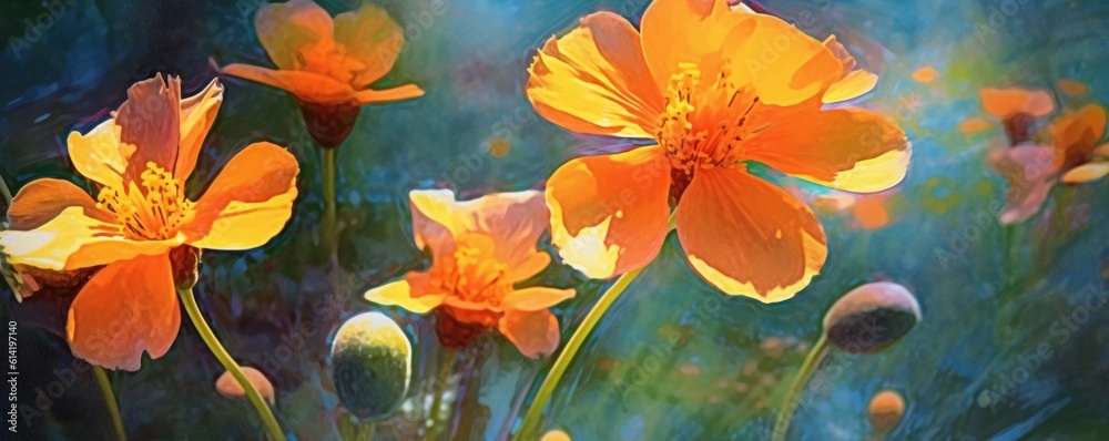 Painted colorful flowers background. Illustration AI Generative.