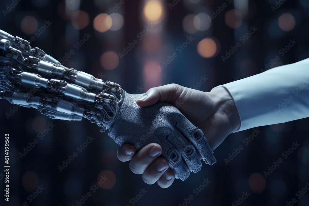 Ai or artificial intelligence vector concept with ai robot handshake with human. innovation. Generat