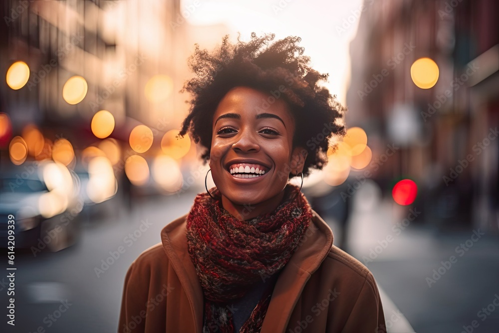 A cheerful black woman on street. Generative ai