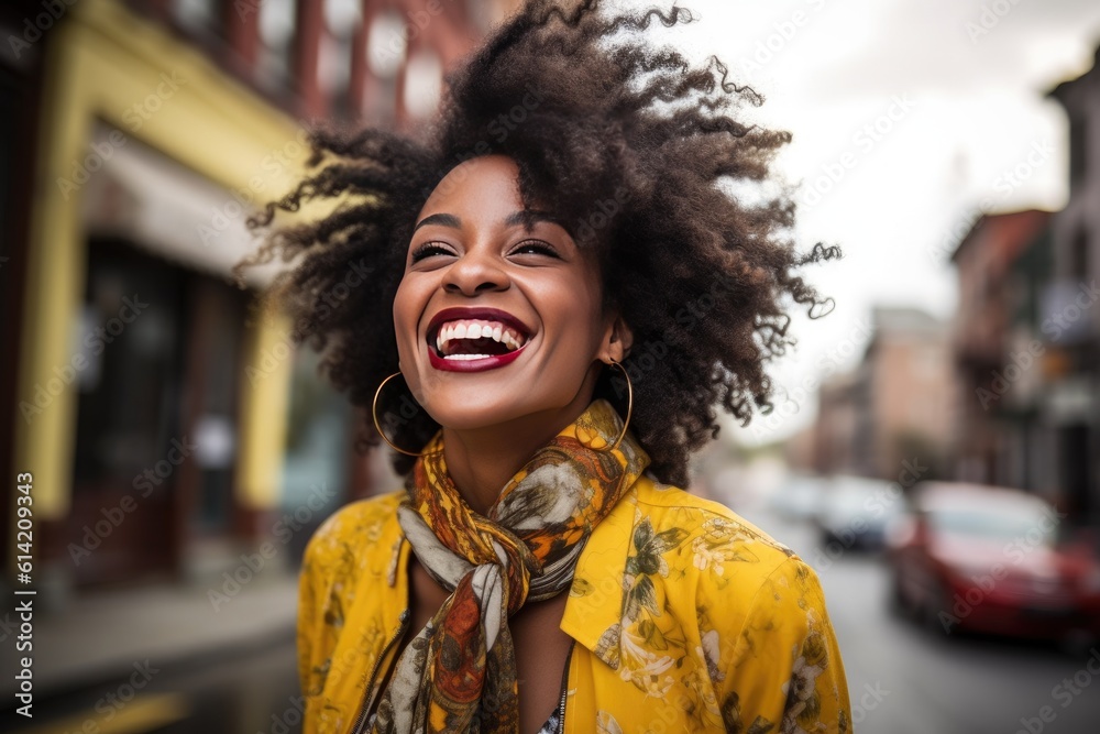 A cheerful black woman on street. Generative ai