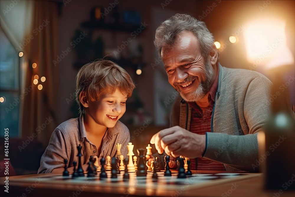 Happy father and son playing chess together at home. father teaching concept. Generative ai