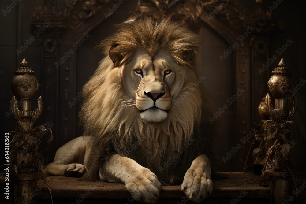 A Royal lion sitting on a throne. Generative ai