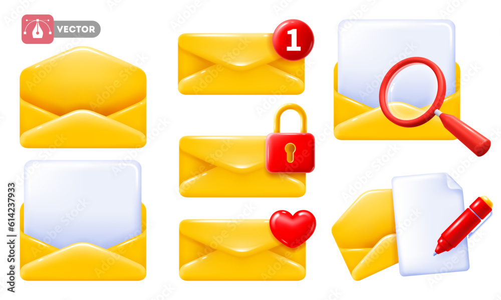 Yellow postal envelopes icon set, email notifications, 3d realistic, minimal and glossy style, isola