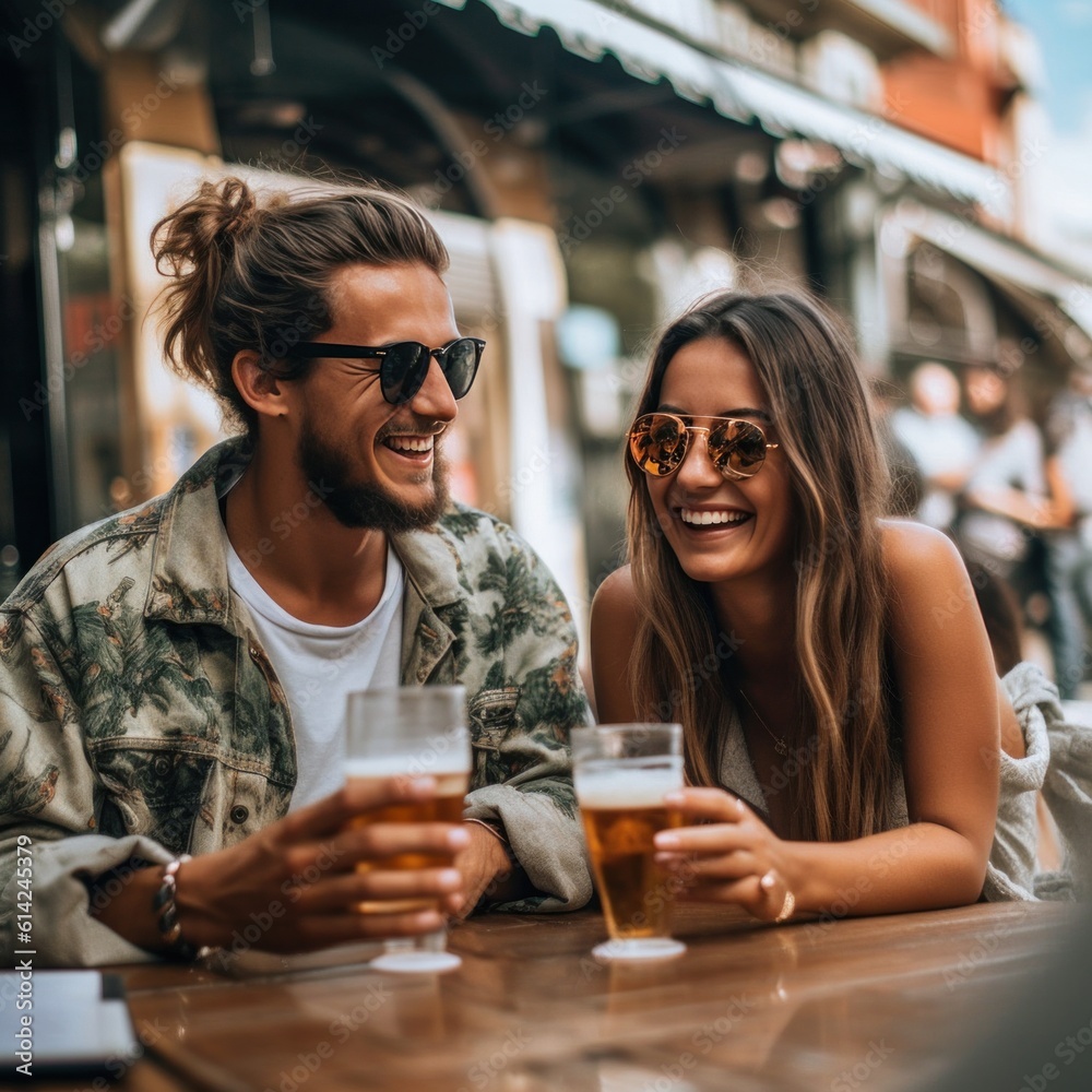 Happy couple drink beer on the street. Illustration AI Generative.