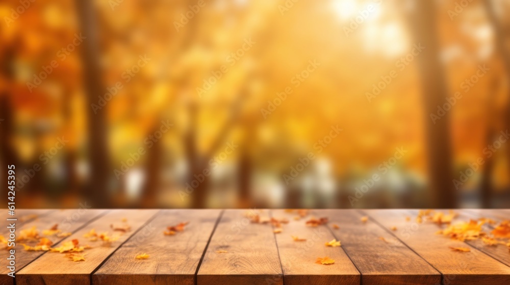 Empty table with Autumn background. Illustration AI Generative.