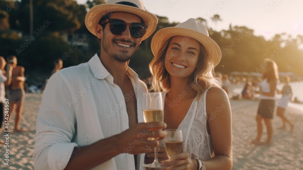 Happy couple drink champagne on the beach. Illustration AI Generative.