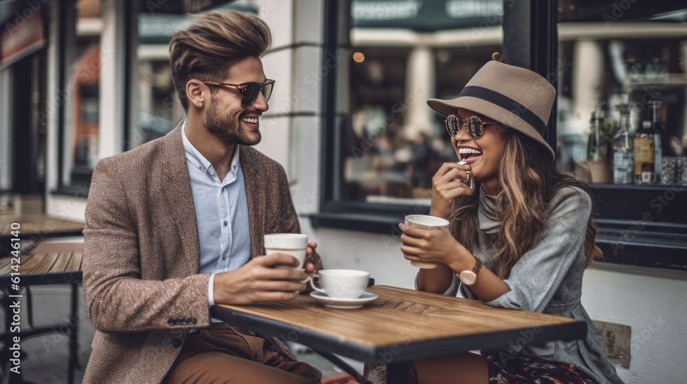 Happy couple drink coffee on the cafe. Illustration Generative AI.