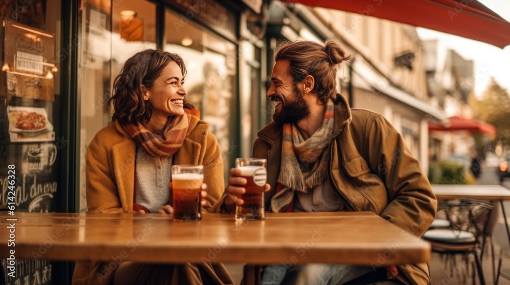 Happy couple drink beer on the street. Illustration AI Generative.