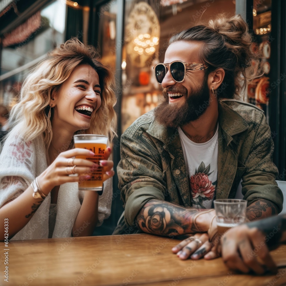 Happy couple drink beer on the street. Illustration AI Generative.