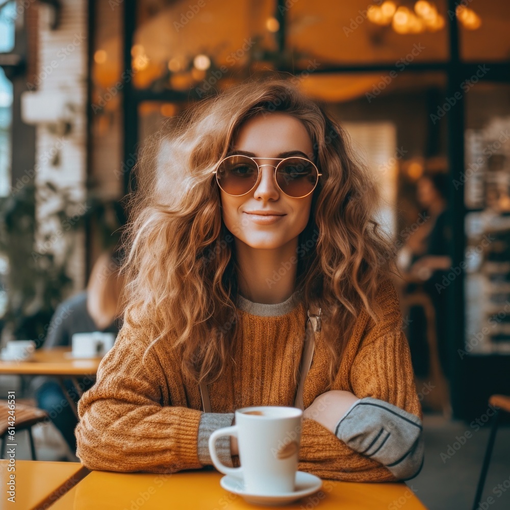 Happy girl drinks coffee in the cafe. Illustration AI Generative.