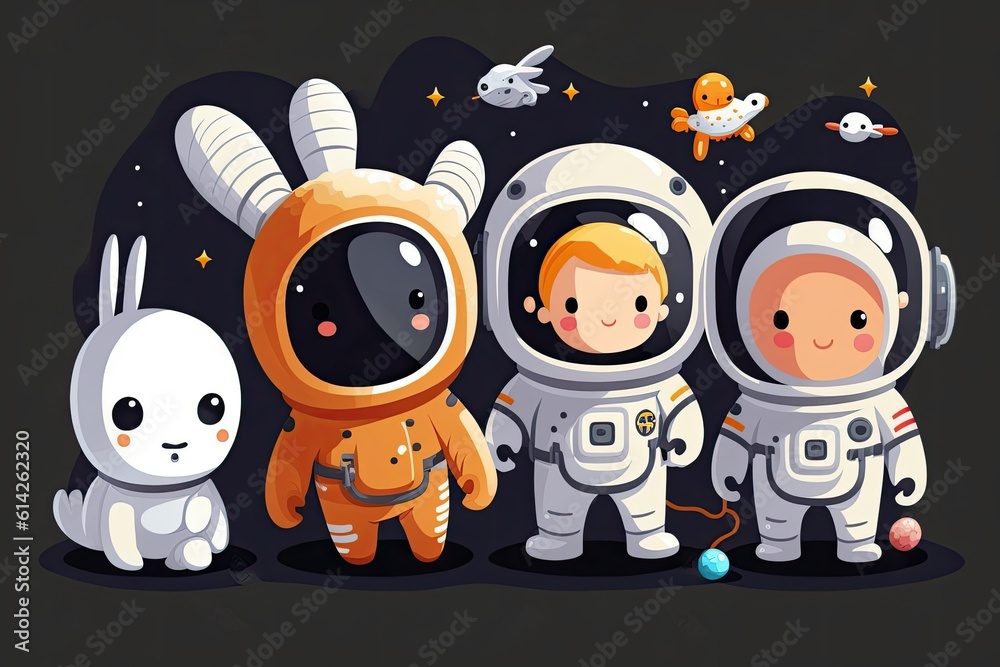 children in space suits standing together on an unknown planet. Generative AI