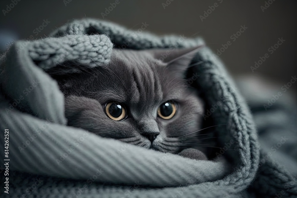 curious gray cat peeking out from under a cozy blanket. Generative AI