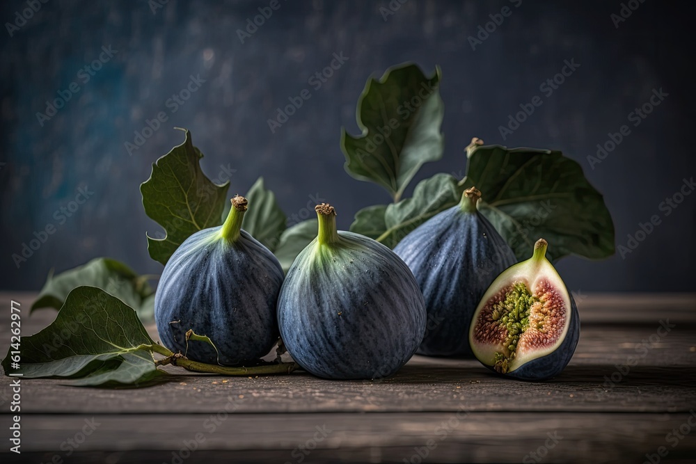 group of fresh figs on a rustic wooden table. Generative AI