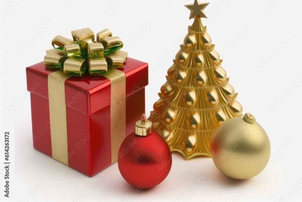 festive Christmas tree next to a beautifully wrapped gift box in red and gold. Generative AI