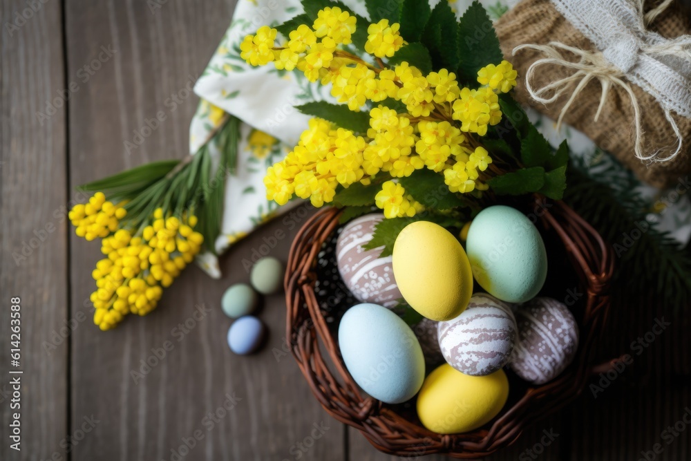 basket of fresh eggs and blooming yellow flowers. Generative AI