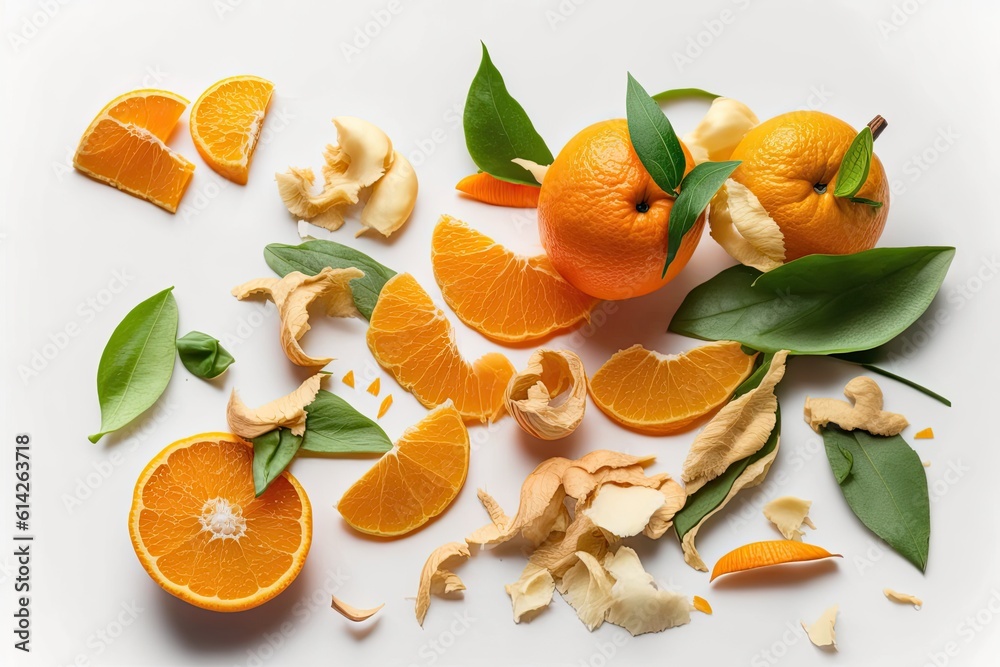 fresh and healthy breakfast of sliced oranges on a white plate with green leaves. Generative AI