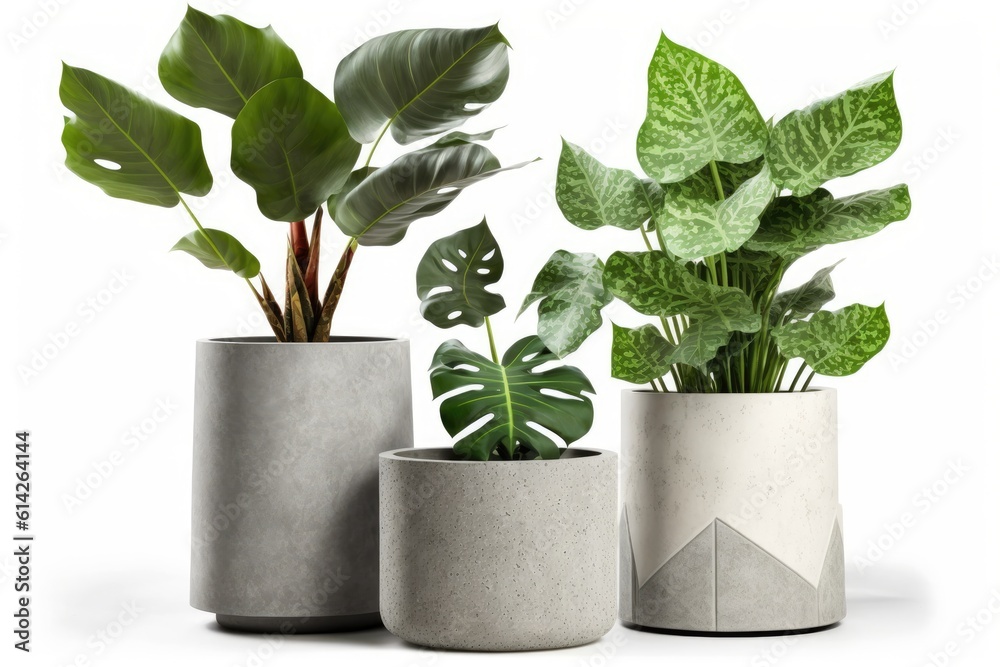 three planters filled with greenery and flowers made of cement or concrete. Generative AI