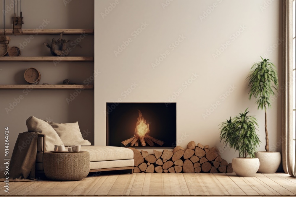 Cozy Christmas Background with Fireplace. Illustration AI Generative.