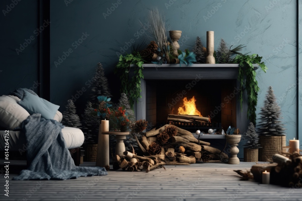 Cozy Christmas Background with Fireplace. Illustration AI Generative.