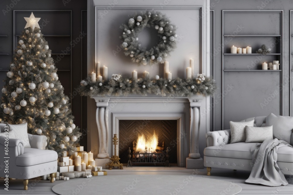 Cozy Christmas Background with Fireplace. Illustration AI Generative.