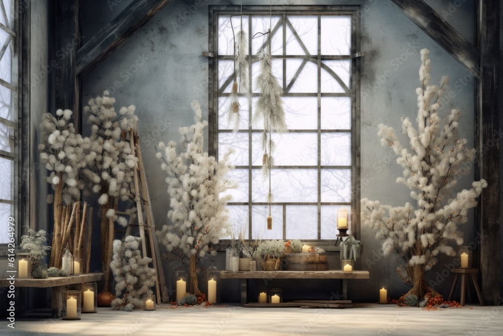 Decorated Winter Christmas Interior. Illustration Generative AI.