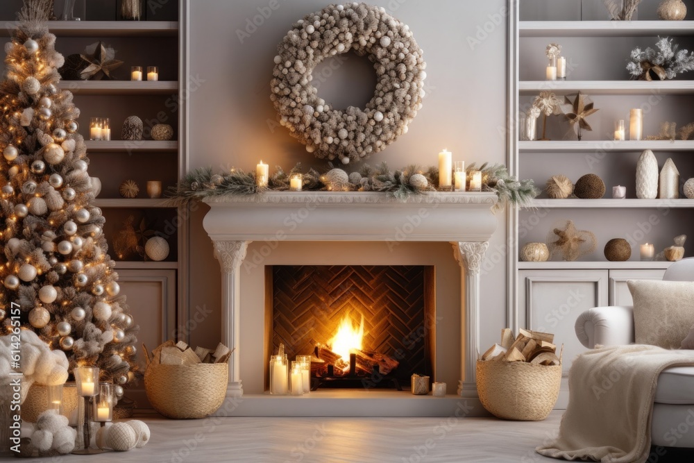 Cozy Christmas Background with Fireplace. Illustration AI Generative.